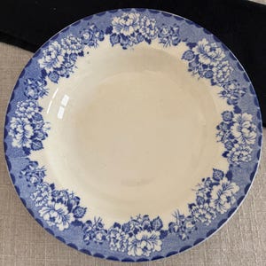 May include: A white ceramic bowl with a blue floral pattern around the rim. The floral design features detailed white flowers and leaves against a blue background. The bowl is likely for serving food.