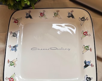 Vintage Rosanna Inc. "Cheers Darling" Square Ceramic Serving Platter | 1990s Retro Barware