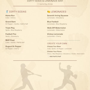 Puede incluir: Un menú beige titulado Ballpark Dirty Soda & Lemonade Bar con gráficos de béisbol. Enumera Dirty Sodas como Home Run y Grand Slam, y limonadas como Seventh Inning Squeeze, junto con una sección para crear su propia bebida personalizada.