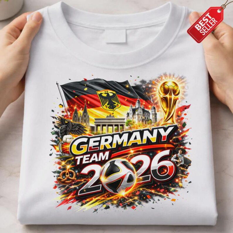 K&ouml;nnte beinhalten: Wei&szlig;es T-Shirt mit einem farbenfrohen Grafikdesign. Das Design beinhaltet die deutsche Flagge, einen Fu&szlig;ball, eine Troph&auml;e und den Text "GERMANY TEAM 2026". Das Shirt hat auch ein "BEST SELLER"-Etikett.