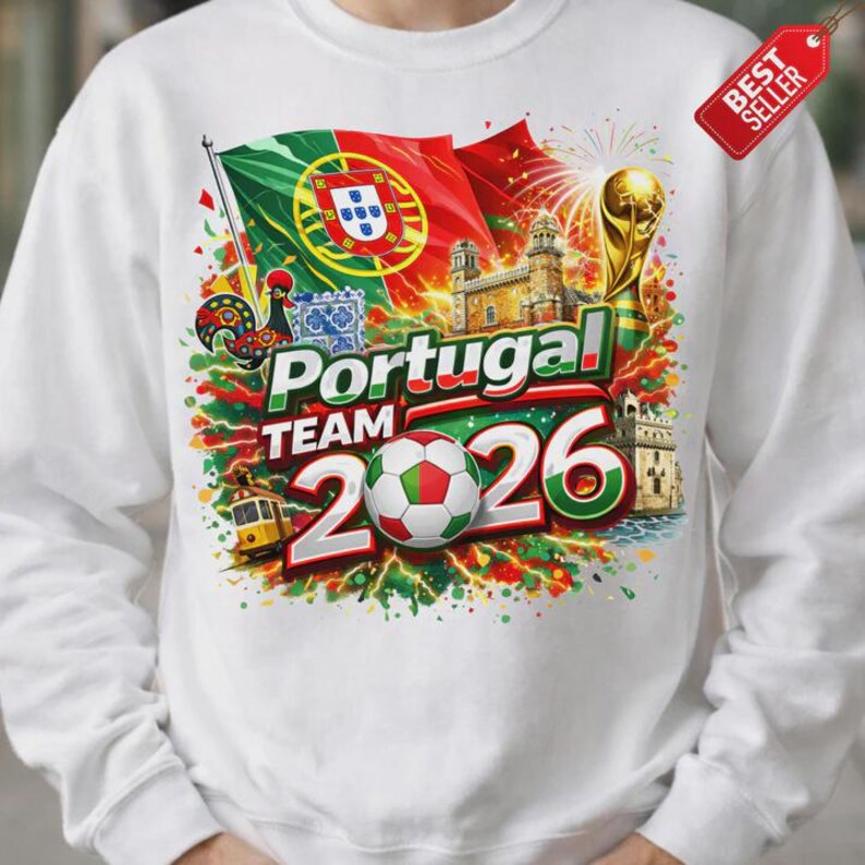 K&ouml;nnte beinhalten: Wei&szlig;es Sweatshirt mit einem lebendigen Grafikdesign, das die portugiesische Fu&szlig;ballmannschaft feiert. Das Design umfasst die portugiesische Flagge, einen Fu&szlig;ball, den Text "Portugal Team 2026" und eine goldene Troph&auml;e. Ein "Best Seller"-Tag ist sichtbar.