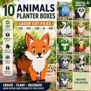 Può includere: Un download digitale per 10 file di taglio laser per fioriere a forma di animale, inclusi disegni di volpe, ippopotamo, panda, cigno, corgi, rana, pollo, procione, mucca e lupo, compatibili con legno da 6mm da assemblare e dipingere.