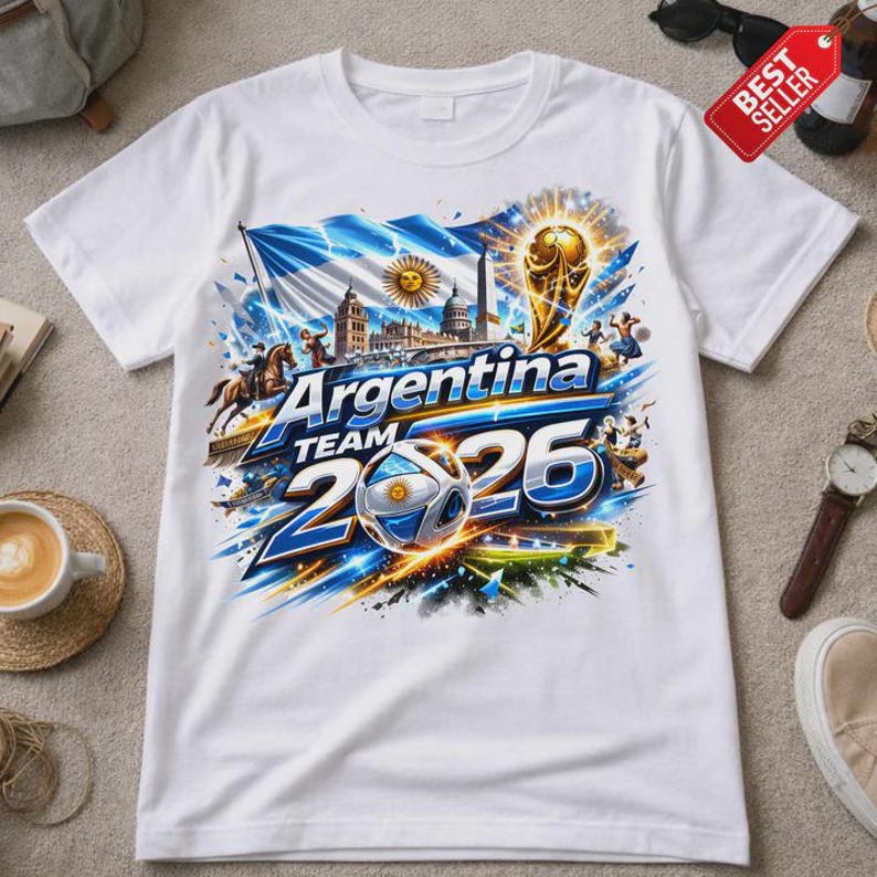 K&ouml;nnte beinhalten: Wei&szlig;es T-Shirt mit einem farbenfrohen Grafikdesign. Das Design zeigt den Text "Argentina TEAM 2026", einen Fu&szlig;ball, eine Flagge und eine Troph&auml;e. Das Design enth&auml;lt auch eine Stadtlandschaft und Figuren.