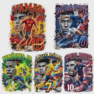 Pode incluir: Uma cole&ccedil;&atilde;o de designs gr&aacute;ficos com tema de futebol com os jogadores Yamal, Mbapp&eacute;, Vin&iacute;cius Jr., Luis D&iacute;az e Pulisic. Cada design inclui um retrato, pose de a&ccedil;&atilde;o, cores da equipa e texto.