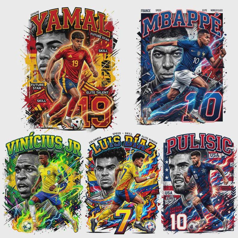 Pode incluir: Uma cole&ccedil;&atilde;o de designs gr&aacute;ficos com tema de futebol com os jogadores Yamal, Mbapp&eacute;, Vin&iacute;cius Jr., Luis D&iacute;az e Pulisic. Cada design inclui um retrato, pose de a&ccedil;&atilde;o, cores da equipa e texto.