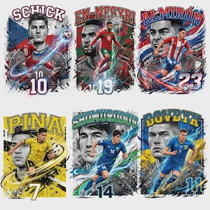 Pode incluir: Seis designs gr&aacute;ficos com tema de futebol com retratos de jogadores e poses de a&ccedil;&atilde;o. Cada design inclui o nome, o n&uacute;mero e as cores da equipa do jogador. Os designs s&atilde;o vibrantes, com linhas din&acirc;micas e elementos de texto.