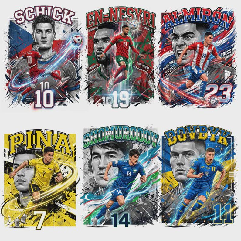 Pode incluir: Seis designs gr&aacute;ficos com tema de futebol com retratos de jogadores e poses de a&ccedil;&atilde;o. Cada design inclui o nome, o n&uacute;mero e as cores da equipa do jogador. Os designs s&atilde;o vibrantes, com linhas din&acirc;micas e elementos de texto.