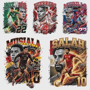 Pode incluir: Uma cole&ccedil;&atilde;o de designs gr&aacute;ficos com tema de futebol, apresentando retratos de jogadores e poses de a&ccedil;&atilde;o. Cada design inclui o nome, o n&uacute;mero e as cores da equipa do jogador, com fundos din&acirc;micos.