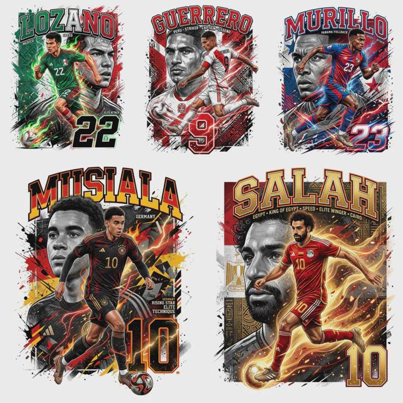 Pode incluir: Uma cole&ccedil;&atilde;o de designs gr&aacute;ficos com tema de futebol, apresentando retratos de jogadores e poses de a&ccedil;&atilde;o. Cada design inclui o nome, o n&uacute;mero e as cores da equipa do jogador, com fundos din&acirc;micos.