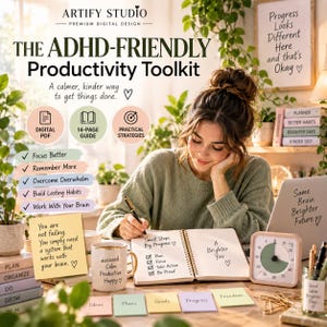 May include: The ADHD-Friendly Productivity Toolkit digital PDF guide features 14 pages of practical strategies. The toolkit includes a notebook with a checklist, a mug labelled Focused Calm Productive Happy, a timer, and colourful sticky notes with text.