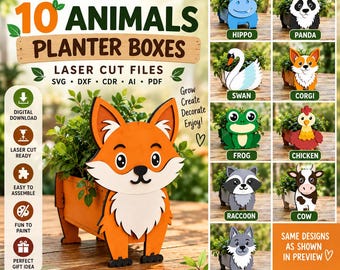 Könnte beinhalten: Ein digitaler Download-Satz mit 10 lasergeschnittenen Pflanzgefäß-Designs in Tierform, darunter Fuchs, Flusspferd, Panda, Schwan, Corgi, Frosch, Huhn, Waschbär, Kuh und Wolf. Die Dateien sind in den Formaten SVG, DXF, CDR, AI und PDF verfügbar.