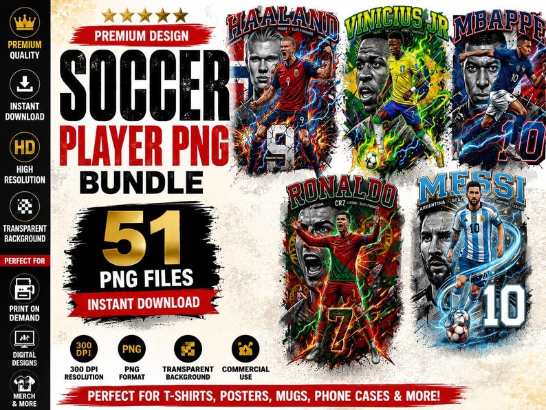 Pode incluir: Um pacote de design digital com 51 arquivos PNG de jogadores de futebol. A imagem apresenta retratos de Haaland, Vinicius Jr, Mbappe, Ronaldo e Messi. Adequado para camisetas, cartazes, canecas e capas de telefone.