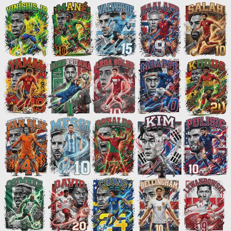 May include: A collection of twenty-one soccer player portraits, each with a unique design. The portraits feature players like Vinicius Jr, Mané, and Haaland, with their names and jersey numbers displayed. The artwork uses vibrant colors and dynamic poses.