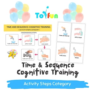 May include: Educational visual aid for cognitive training. The image features the "Toyfun" logo, balloons, and a series of illustrated handwashing steps. Text includes "Time & Sequence Cognitive Training" and "Activity Steps Category."