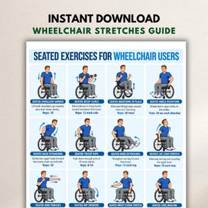 May include: An instructional chart titled INSTANT DOWNLOAD WHEELCHAIR STRETCHES GUIDE and SEATED EXERCISES FOR WHEELCHAIR USERS. It features twelve illustrations of a person in a blue shirt and gray pants performing various seated exercises.