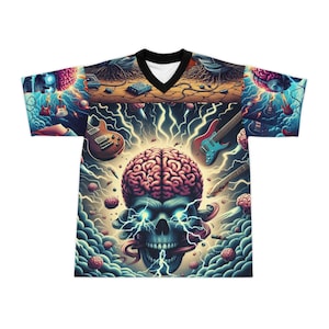 May include: A V-neck t-shirt with a surreal, eye-catching design. The graphic depicts a skull with a brain, electric bolts, and guitars. The color scheme is mainly blues, greens, and browns, creating a bold visual statement.