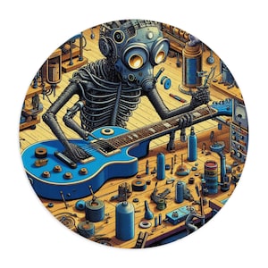 May include: A circular digital artwork depicting a skeleton in a gas mask playing a blue electric guitar. The skeleton is surrounded by tools on a wooden workbench. The image has a steampunk theme and a detailed, artistic style.