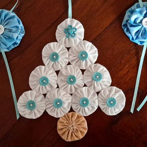 Handmade Christmas Ornaments Yo Yo Christmas Tree Ornament Three Piece Ornament Set White and Blue Suffolk Puffs Buttons