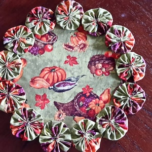 Yo Yo Doily Round Candle Mat Autumn Fall Cornucopia Apples Pumpkins Corn Squash Grapes Leaves 100 percent Cotton Halloween Table Centerpiece