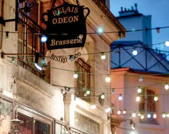 Paris Night Photo - The Odeon Bistro, Colorful Parisian Cafe at Night, Urban Home Decor, Large Wall Art
