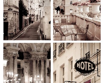 May include: A collage of four images depicting Parisian architecture. The first image shows a narrow street lined with buildings. The second image shows a balcony with chairs and potted plants. The third image shows a grand staircase with ornate details. The fourth image shows a building with a hotel sign and a street lamp.