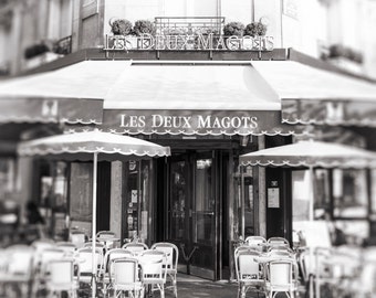 Paris Cafe Photograph, Black and White Photo, Les Deux Magots, Famous Paris Cafe, Large Wall Art, French Decor, Travel Fine Art Photograph