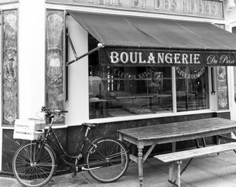 Paris Photograph, Bicycle at the Boulangerie, Black and White, Large Wall Art, French Kitchen Decor, Travel Photograph