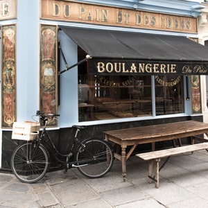Paris Bakery Fine Art Photograph, Bicycle at the Boulangerie, Large Wall Art, French Kitchen Decor, Travel Photograph
