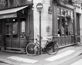 Paris Photography - Au Bougnat Restaurant-vertical, Black and White Photo, Neutral Urban Home Decor, Large Wall Art, Paris Restaurant