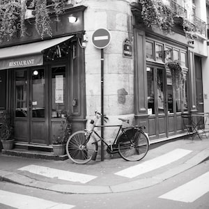Paris Photography - Au Bougnat Restaurant-vertical, Black and White Photo, Neutral Urban Home Decor, Large Wall Art, Paris Restaurant