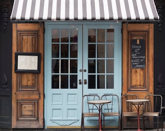 Paris Cafe Photograph, Malabar Cafe, Large Wall Art, French Kitchen Decor, Striped Awning, Blue Door, Travel Photograph