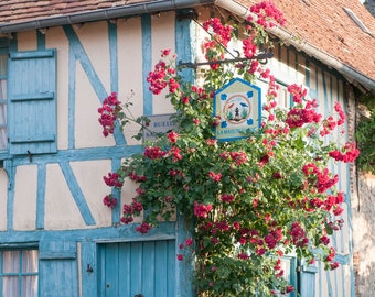 France Fine Art Photo - Red Roses on Blue and White Cottage, French Home Decor, Large Wall Art, France Art Print, Travel Photography