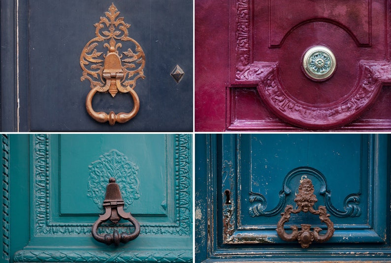Paris Photo Door Knocker, Wall Art, Blue, Gold, Architectural Detail Fine Art Photograph, Urban Home Decor image 2