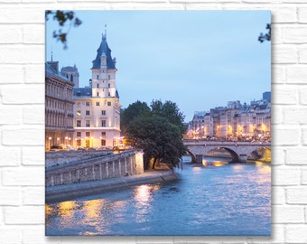 Paris Night Photograph, Île de la Cité with Lights, Large Wall Art, Gallery Wrapped Canvas, French Decor, Travel Photograph