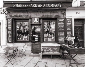 Paris Travel Photography, Shakespeare and Company Bookstore, Black and White Photo, Fine Art Photograph, Large Wall Art, French Wall Decor