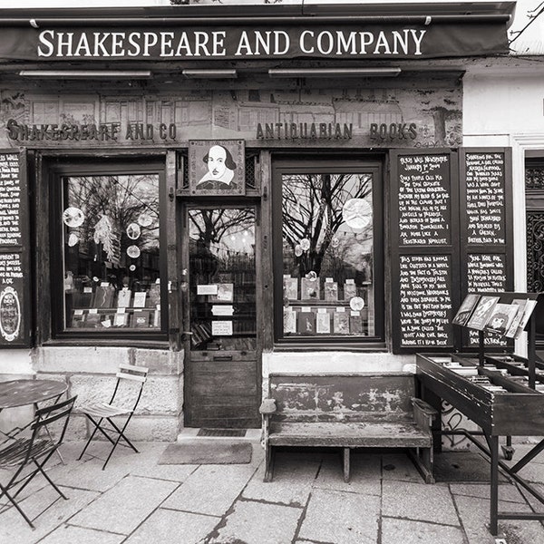 Paris Travel Photography, Shakespeare and Company Bookstore, Black and White Photo, Fine Art Photograph, Large Wall Art, French Wall Decor