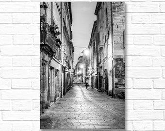 France Fine Art Photograph on Canvas - Street Scene at Night, Gallery Wrapped Canvas, Black and White Urban Home Decor, Large Wall Art