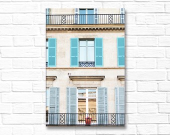 Paris Photography on Canvas - Blue Shutters,  Gallery Wrapped Canvas, Large Wall Art, Travel Architecture, Urban Home Decor, Large Wall Art