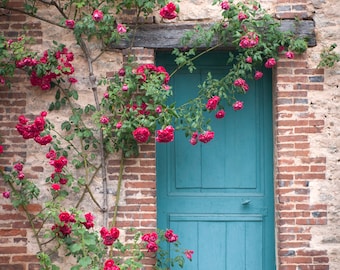 France Fine Art Photo - French Country Roses and Blue Door, French Home Decor, Large Wall Art, France Art Print, Travel Photography