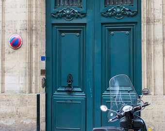 Paris Door Photography - Blue Door with Scooter, Fine Art Paris Print, French Home Decor, Large Wall Art