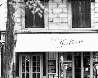 Paris Cafe Photograph, Chez Julien, Black and White Photo, Large Wall Art, French Kitchen Decor, Fine Art Travel Photograph