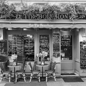 Fotografia em preto e branco de Paris - Bistrô Le Tir Bouchon, Fotografia de arte, Decoração para casa, Arte de parede grande, Arte para parede de galeria
