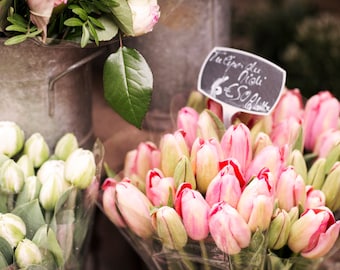 Könnte beinhalten: Ein Strauß rosa Tulpen mit grünen Stielen und Blättern. Die Tulpen sind in einer durchsichtigen Plastikfolie angeordnet. Ein kleines Schild aus Schiefertafel steht daneben und zeigt "Tulipan du Nioli €5.50 la botte".