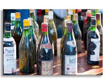 Paris Photography on Canvas - Vintage Wine Bottles at Flea Market, Gallery Wrapped Canvas, Kitchen Decor, Food Photography, Large Wall Art