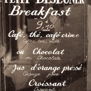 Fotografia de Paris - Placa de cardápio de café, decoração de parede de cozinha em preto e branco, Petit Dejeuner, café da manhã em Paris
