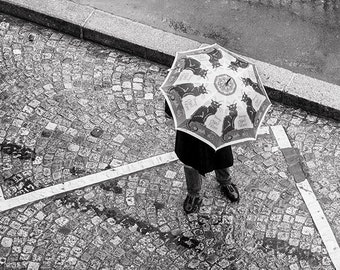 Paris Photography - Umbrella in Street, Fine Art Travel Photograph, Black and White, Large Wall Art, Home Decor