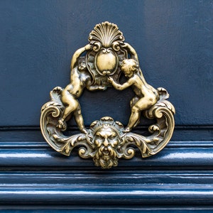 Paris Street Photography - Blue Door Ornate Brass Knocker, Travel Photo, Fine Art Architectural Photo, Large Wall Art, French Home Decor