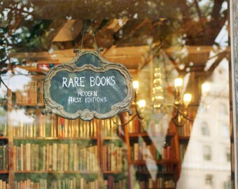 Paris Night Photograph - Rare Books, Shakespeare and Company Bookstore, Window Display, Paris France, Home Decor