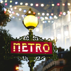Paris Photography - Metro Sign at Night, Lamp Post, Red, Twinkle Lights, Festive, Holiday, French Wall Decor
