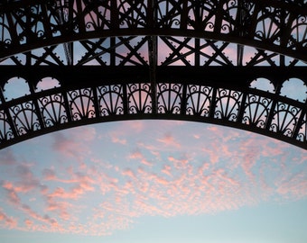 Paris Eiffel Tower Photography - Architectural Detail, Sunrise Sky, Urban Wall Decor, French Fine Art Travel Photograph